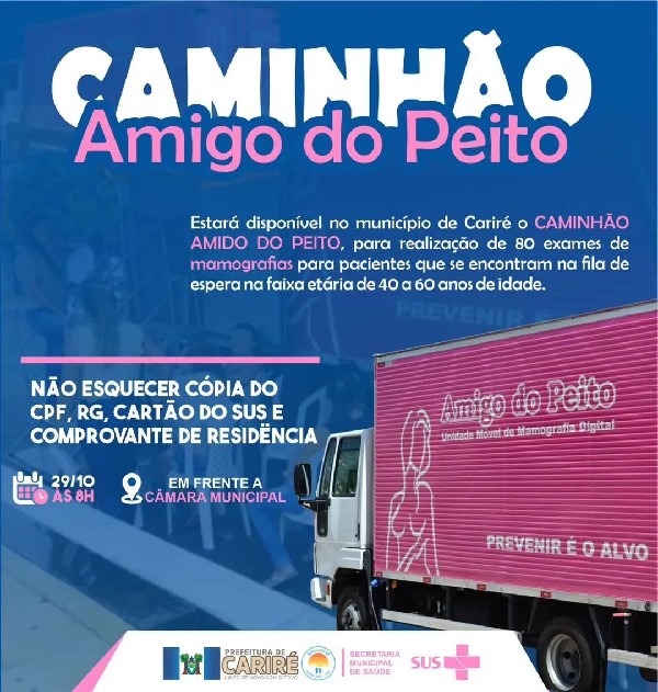 Caminhão Amigo do Peito estará no município de Cariré dia 29 de outubro.